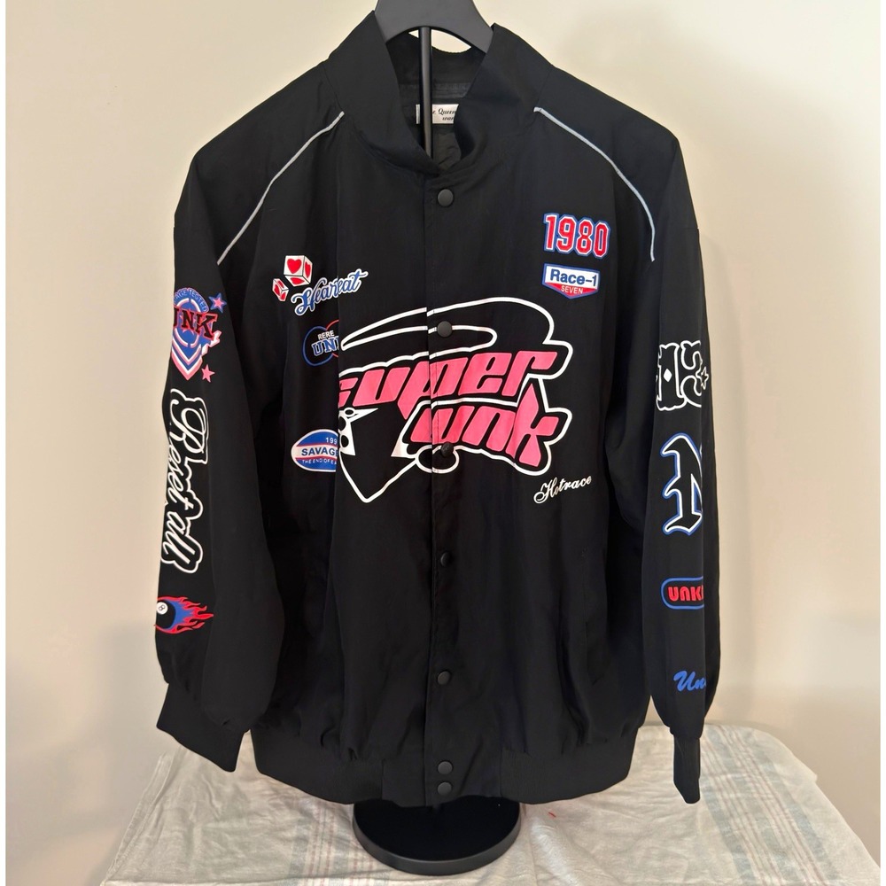 The Queen's Wardrobe Men's L Black Snap Bomber Jacket Logo Racing Pockets